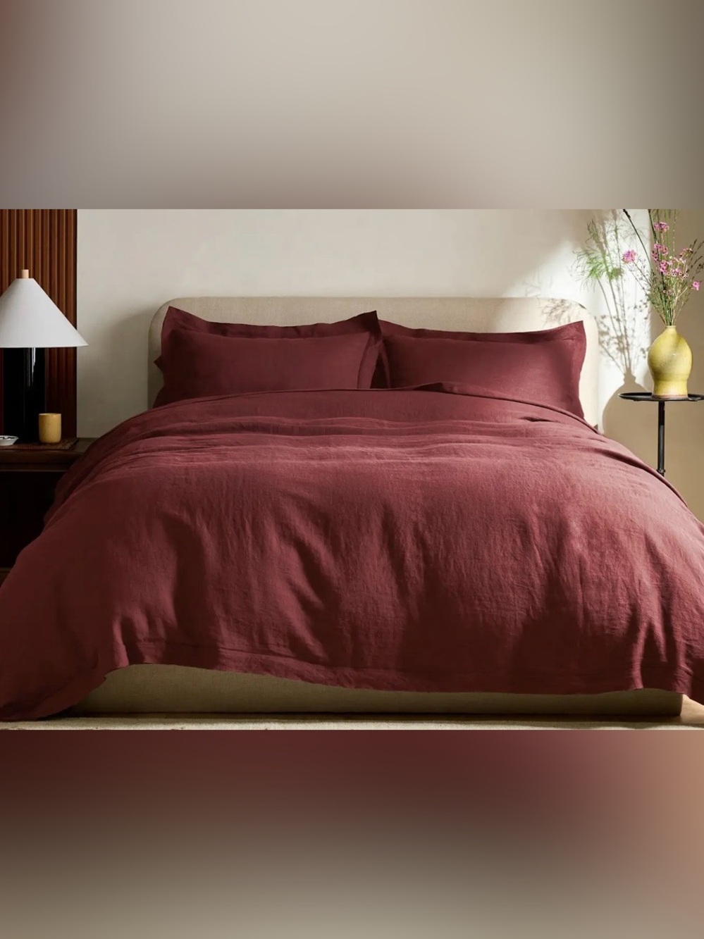 Quince European Linen Double Flange Duvet Cover, Full/Queen (Burgundy)